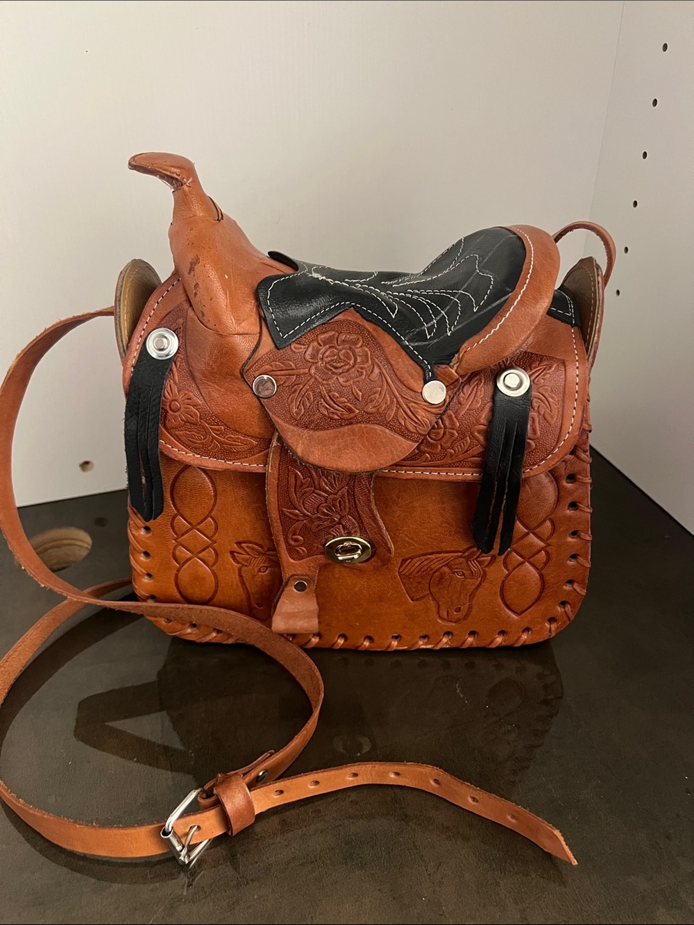 Tooled Leather Saddle-Inspired Crossbody Bag in Brown